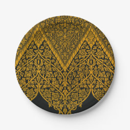 Prato De Papel Padrão Floral Indígena Dourado e Preto Vintage