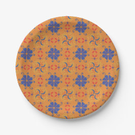 Prato De Papel padrão floral intrincado azul e laranja