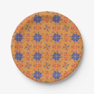 Prato De Papel padrão floral intrincado azul e laranja