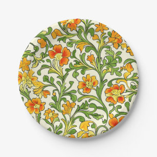 Prato De Papel padrão floral laranja e amarelo Art Nouveau
