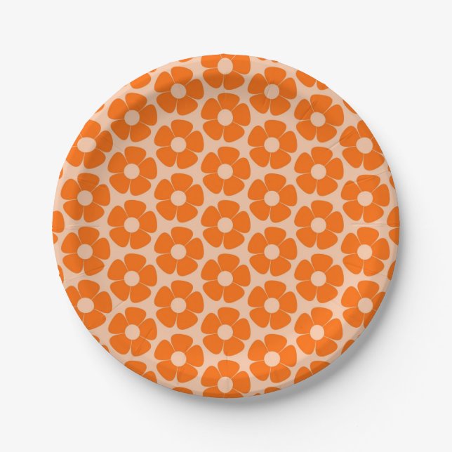 Prato De Papel Padrão Floral Laranja e Pêssego Retro 60s  (Frente)