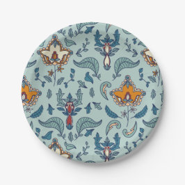 Prato De Papel Padrão floral ornamentado em um fundo azul pálido