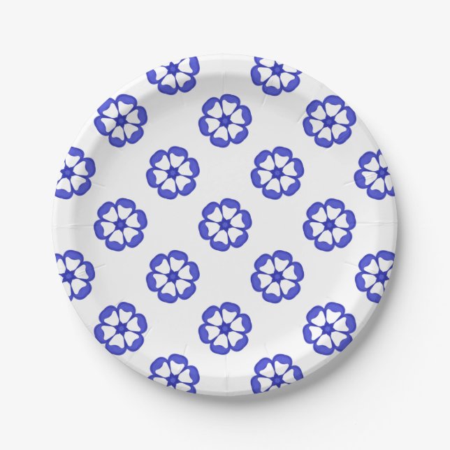 Prato De Papel Padrão Floral Redondo Azul (Frente)