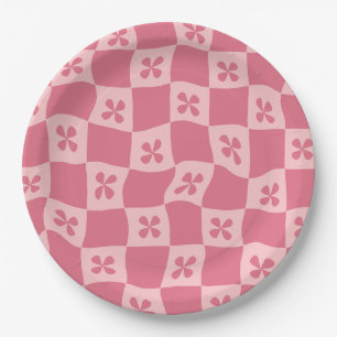 Prato De Papel Padrão Floral Retro-Rosa Verificado