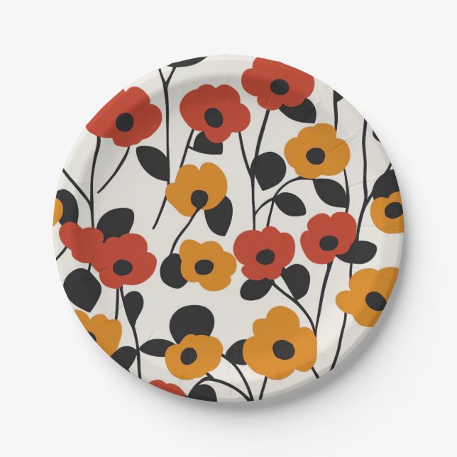 Prato De Papel Padrão Floral Retroativo Negrito Vermelho, Laranja (Frente)