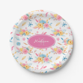 Prato De Papel Padrão Floral Rosa Bonito Monogramado