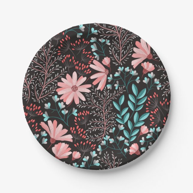 Prato De Papel Padrão Floral Rosa e Escuro-Teal (Frente)