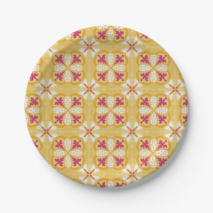 Prato De Papel padrão floral rosa simétrico no verso amarelo 