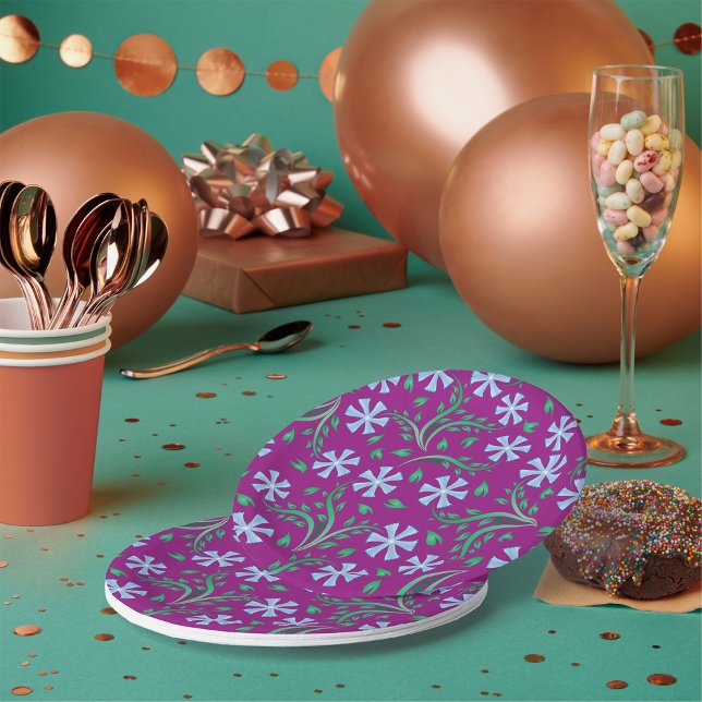 Prato De Papel Padrão Floral Roxo com Flores Azuis (Criador carregado)