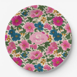 Prato De Papel Padrão Floral Rustic Vintage Blue e Pink