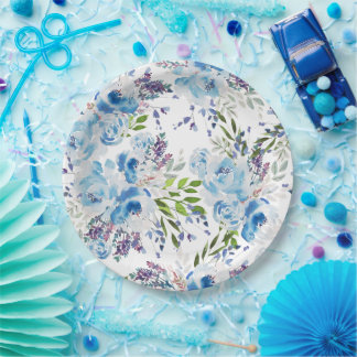 Prato De Papel Padrão Floral Sem Costura de Aquarela Azul