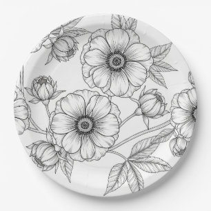 Prato De Papel Padrão Floral Sem Costura de Arte de Linha Minimal