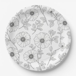 Prato De Papel Padrão Floral Sem Costura de Arte de Linha Minimal