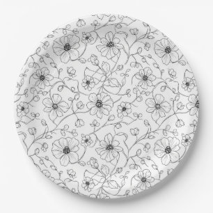 Prato De Papel Padrão Floral Sem Costura de Arte de Linha Minimal