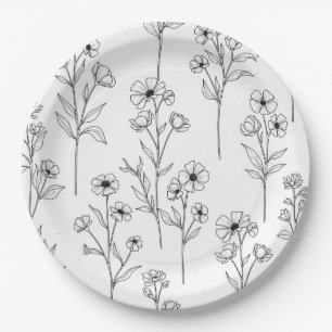 Prato De Papel Padrão Floral Sem Costura de Arte de Linha Minimal