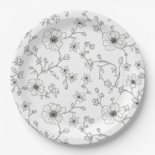 Prato De Papel Padrão Floral Sem Costura de Arte de Linha Minimal