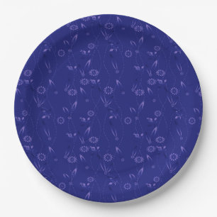 Prato De Papel Padrão floral simples retrô azul
