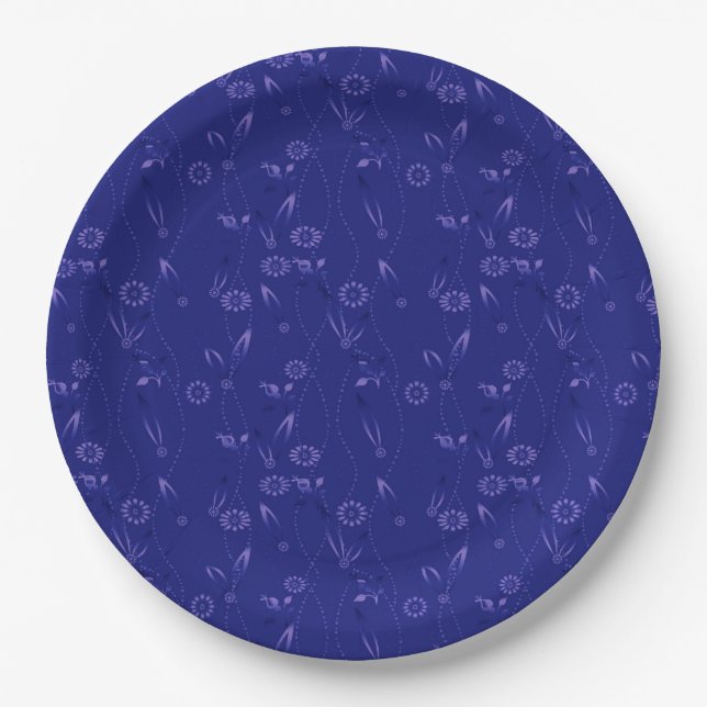 Prato De Papel Padrão floral simples retrô azul (Frente)