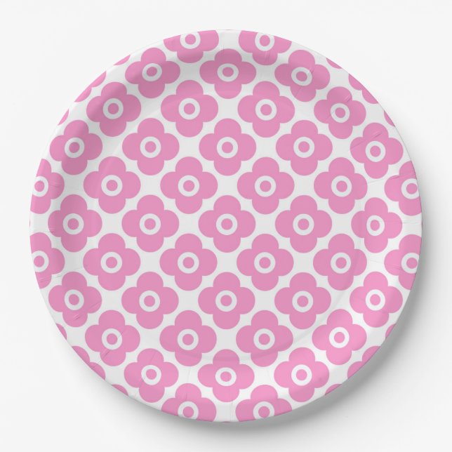 Prato De Papel Padrão floral simples rosa e branco (Frente)