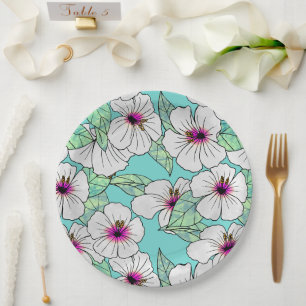 Prato De Papel Padrão Floral Tropical de Hibiscus Rosa e Branco