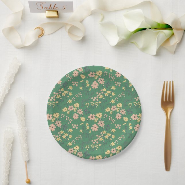 Prato De Papel Padrão Floral Verde Boho Moderno (Casamento)