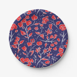 Prato De Papel Padrão Floral Vermelho e Azul