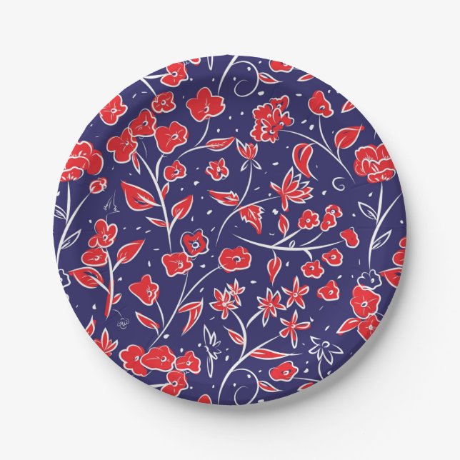 Prato De Papel Padrão Floral Vermelho e Azul (Frente)