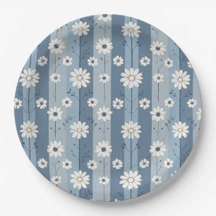 Prato De Papel Padrão Floral Vintage Margarida com Faixa Azul