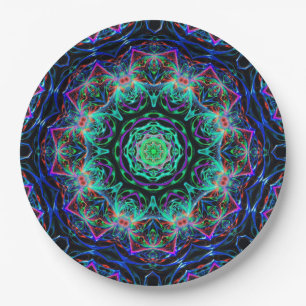 Prato De Papel Padrão Fractal Mandala Azul-Turquesa