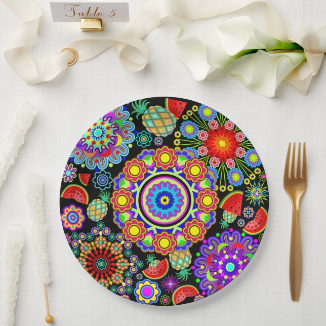 Prato De Papel Padrão Fruta Mandalas e Exótico (Casamento)