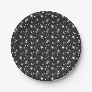 Prato De Papel Padrão galáctico de sol lua celestial preto branco