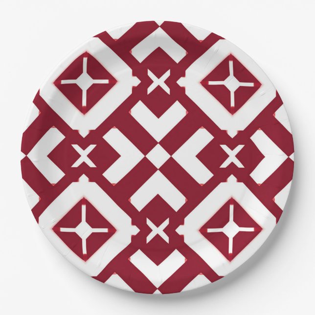 Prato De Papel Padrão Geométrico Abstrato Vermelho e Branco (Frente)