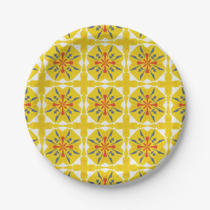 Prato De Papel padrão geométrico amarelo e branco