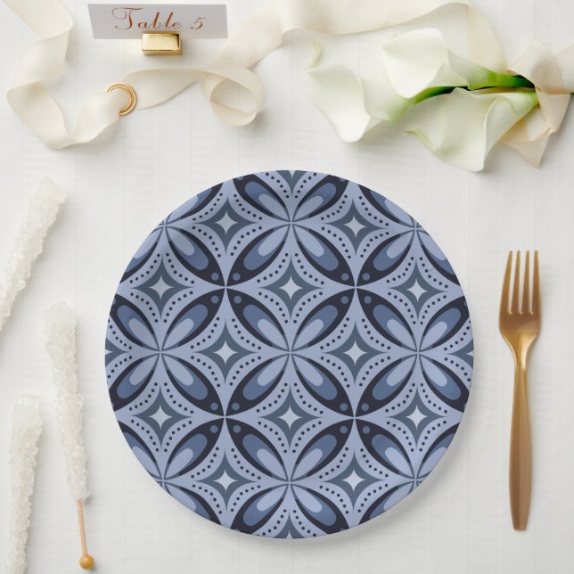 Prato De Papel Padrão Geométrico Azul Estilo Retro (Casamento)