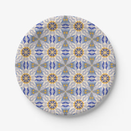Prato De Papel padrão geométrico com azul, amarelo e branco 