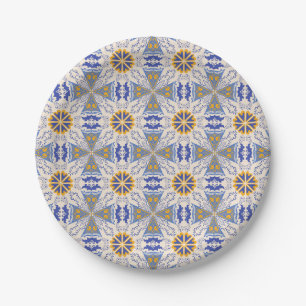 Prato De Papel padrão geométrico com azul, amarelo e branco