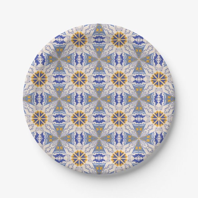 Prato De Papel padrão geométrico com azul, amarelo e branco  (Frente)
