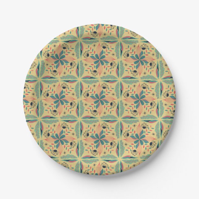 Prato De Papel padrão geométrico com floral azul e verde (Frente)