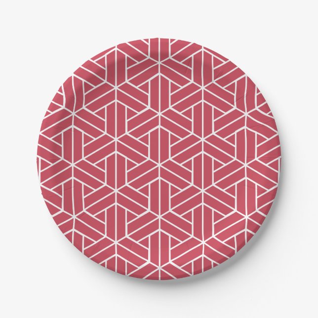 Prato De Papel Padrão geométrico com hexágonos vermelhos (Frente)