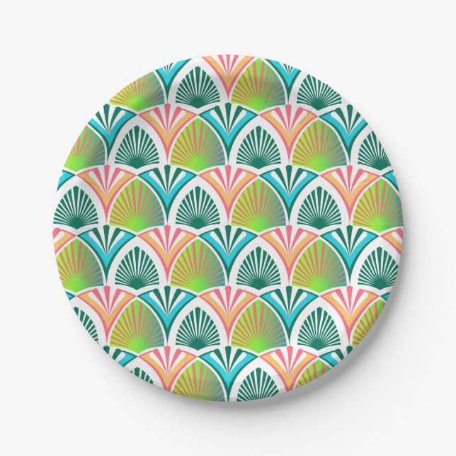 Prato De Papel Padrão geométrico com palmeiras e flores (Frente)