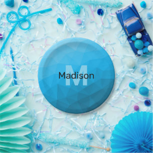 Prato De Papel Padrão geométrico do gradiente ciano azul Monogram