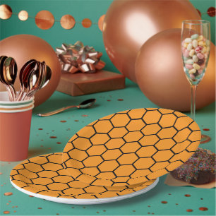 Prato De Papel Padrão geométrico elegante favo de mel amarelo e p