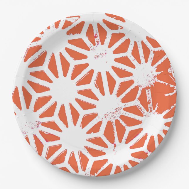 Prato De Papel Padrão geométrico em laranja e branco (Frente)