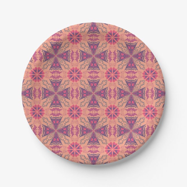 Prato De Papel padrão geométrico intrincado em tons rosa e roxo (Frente)