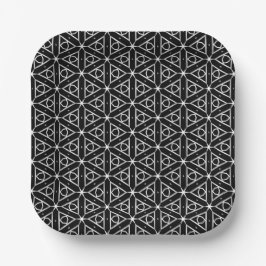 Prato De Papel Padrão Geométrico Preto Branco e Prata