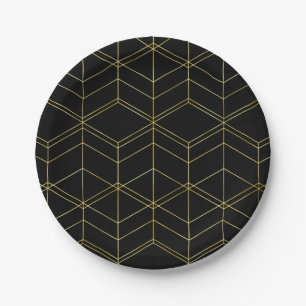 Prato De Papel Padrão Geométrico Preto e Dourado da Chic Script