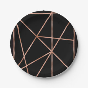 Prato De Papel Padrão Geométrico Preto e Dourado Rosa Chique