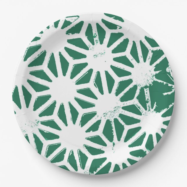 Prato De Papel Padrão geométrico verde-sábado e branco (Frente)