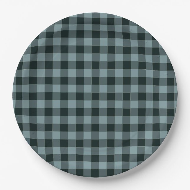 Prato De Papel Padrão Gingham Preto Azul Verificado (Frente)