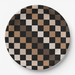 Prato De Papel Padrão Gingham Preto-Castanho Verificado